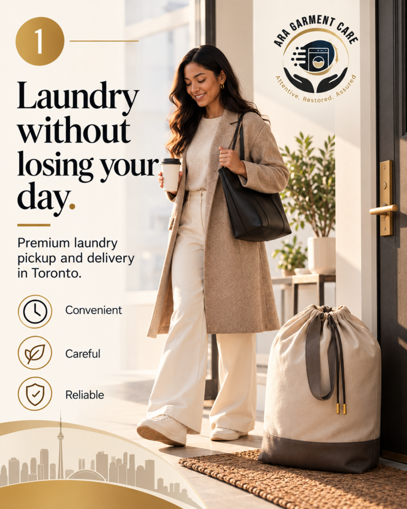 Toronto Luxury Laundry Service ARA Garment Care woman leaving laundry for pickup wash and fold service