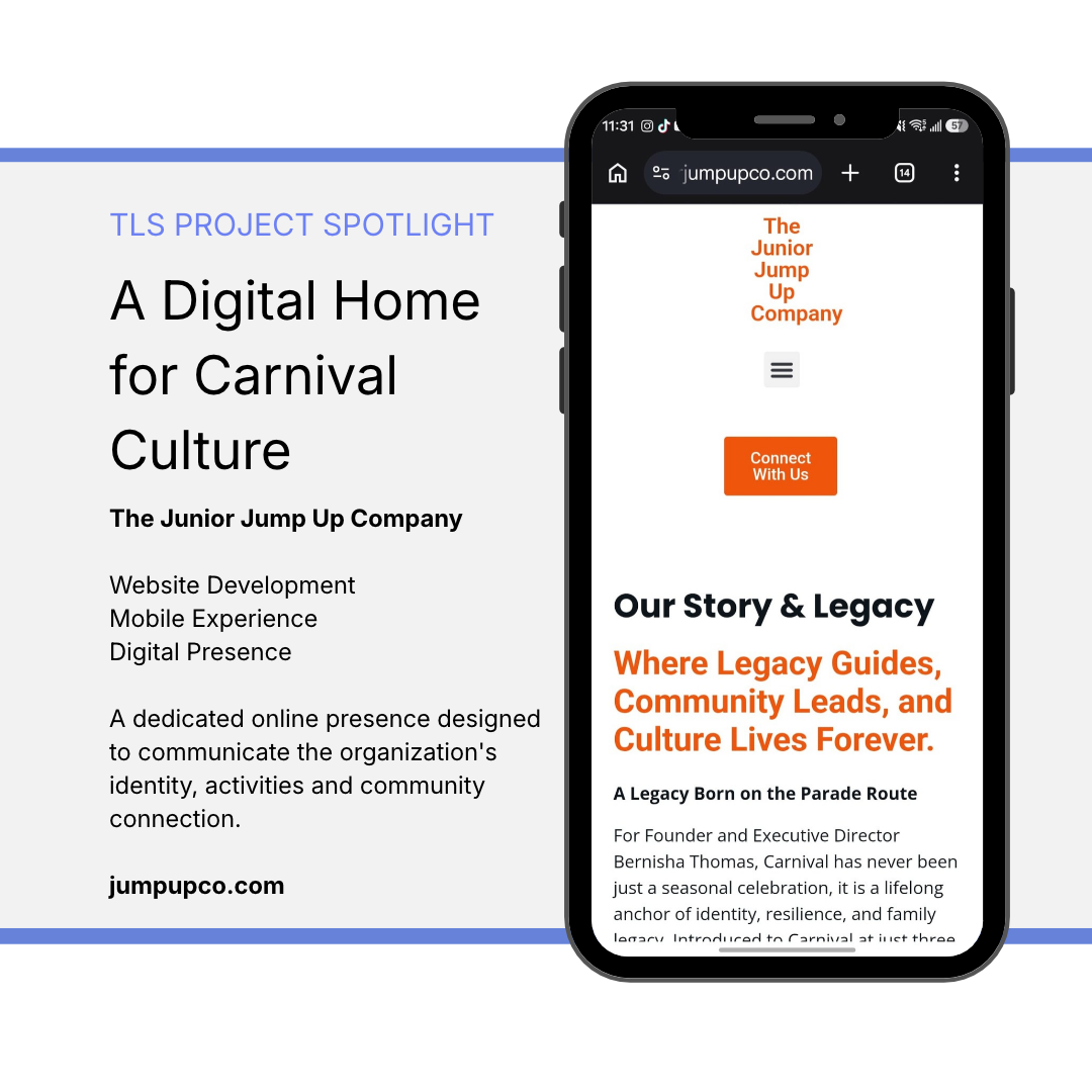 The Junior Jump Up Company mobile website featuring its story and cultural identity